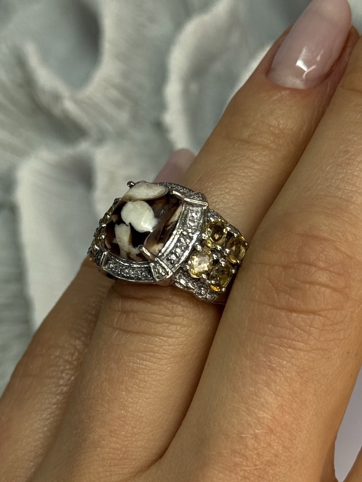 925 Sterling Silver Agate Citrine & Beryl Ring Size 6