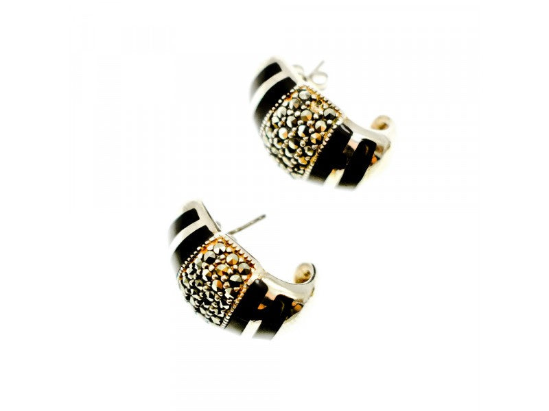 925 Sterling Silver Black Nephrite & Marcasites Earrings
