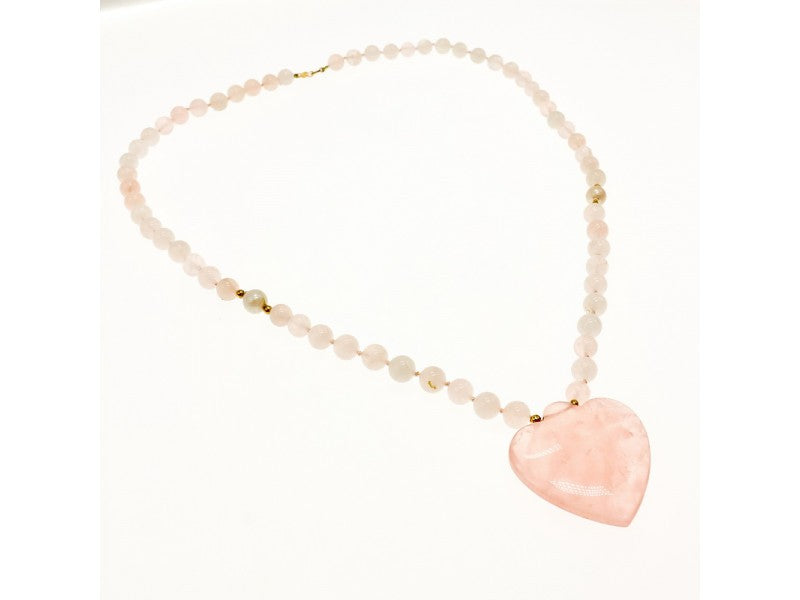 14K Yellow Gold Rose Quartz "Angel Heart" Necklace Pendant