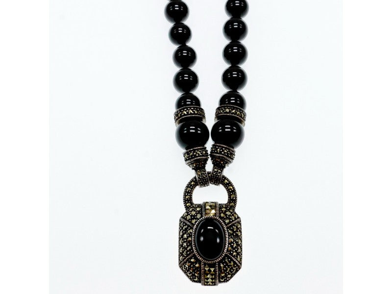 Vintage 925 Sterling Silver Black Jade and Marcasites Necklace
