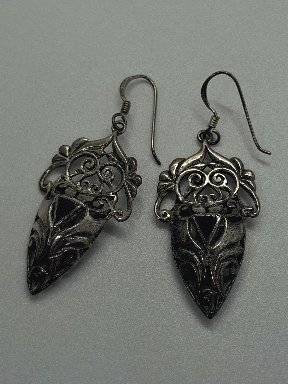 Vintage 925 Sterling Silver Black Onyx Filigree Art Nouveau Style Earrings