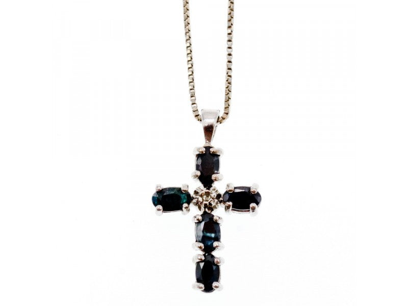 925 Sterling Silver Blue Spinel & Diamond Chain with Cross Italy