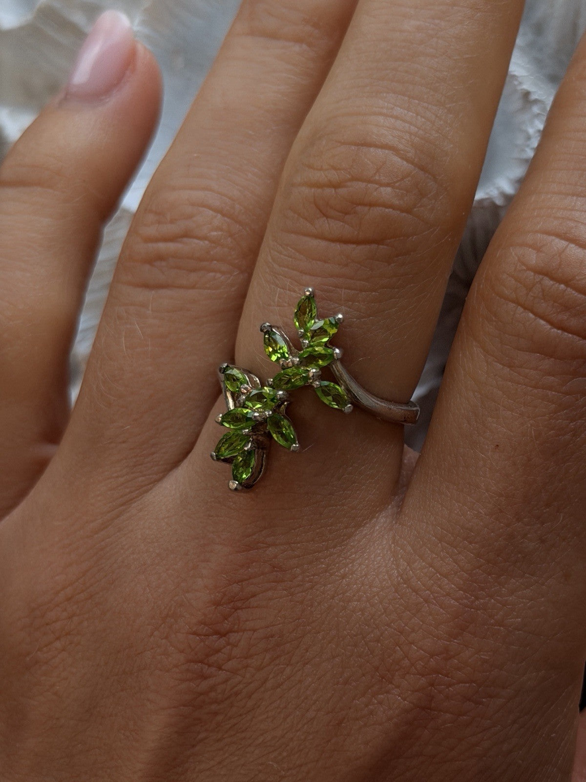 925 Sterling Silver Green Peridot Flower Ring Adjustable