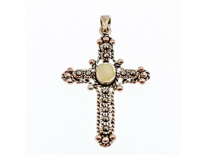 925 Sterling Silver Mother Of Pearl & Marcasites Cross Pendant