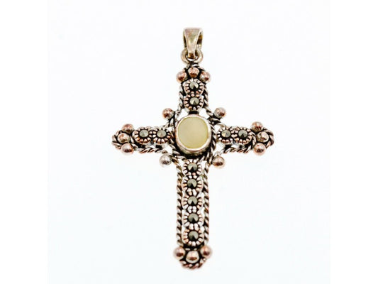 925 Sterling Silver Mother Of Pearl & Marcasites Cross Pendant