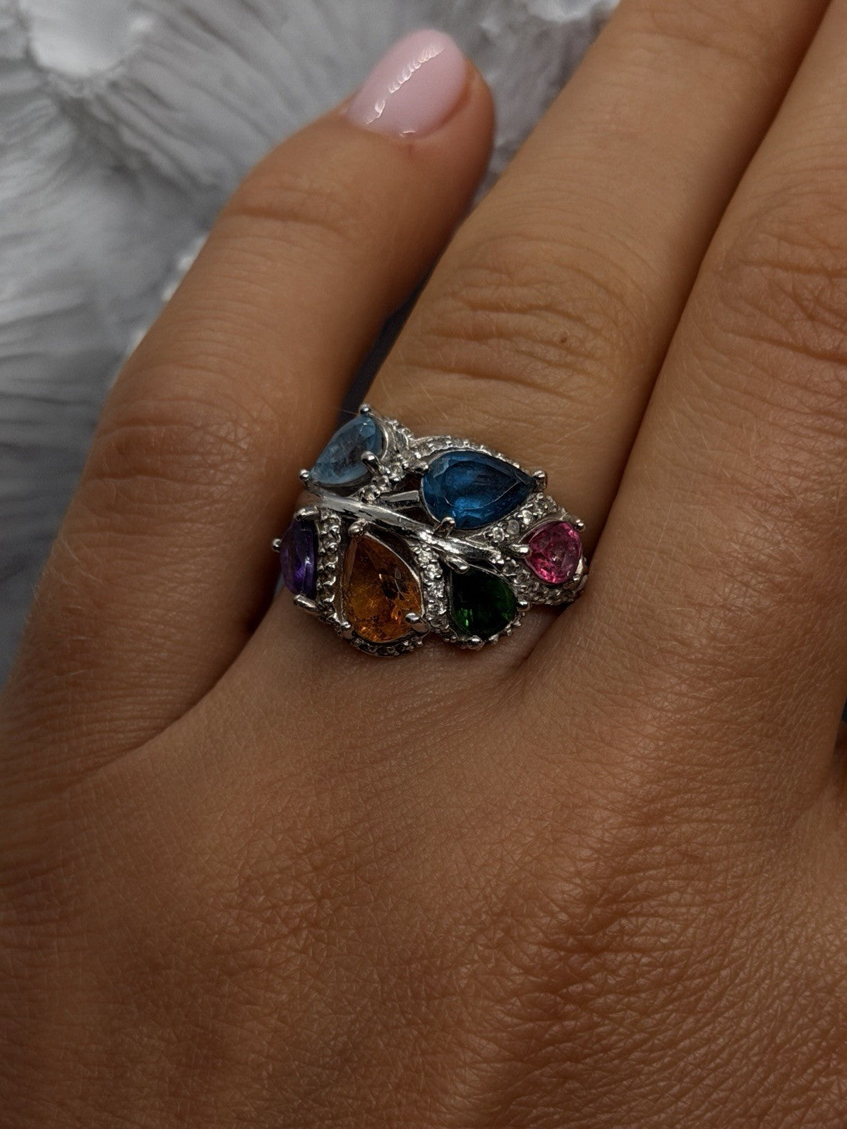 925 Sterling Silver Multi Color Tourmaline  Ring Size 6 Floral Design