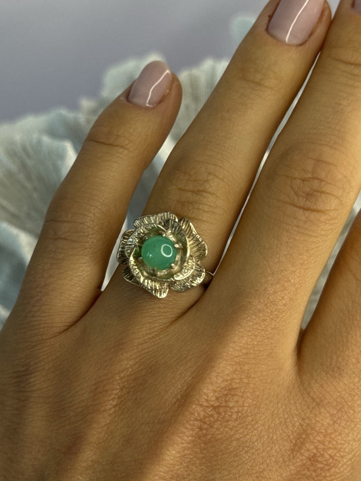 925 Sterling Silver Nephrite Flower Ring Size 6.5