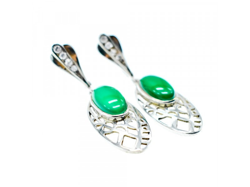 Vintage 925 Sterling Silver Green Agate & CZ Earrings