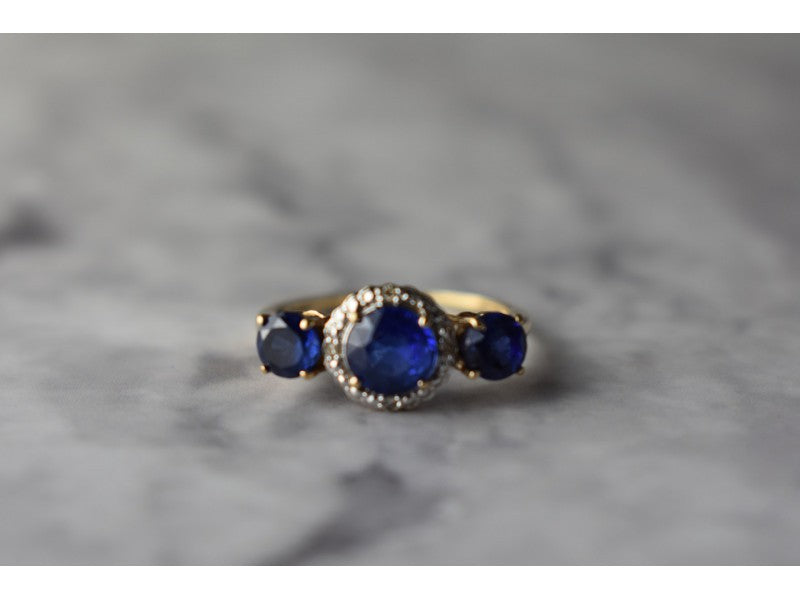 10K Yellow Gold London Blue Topaz & Diamonds Ring Size 6.5