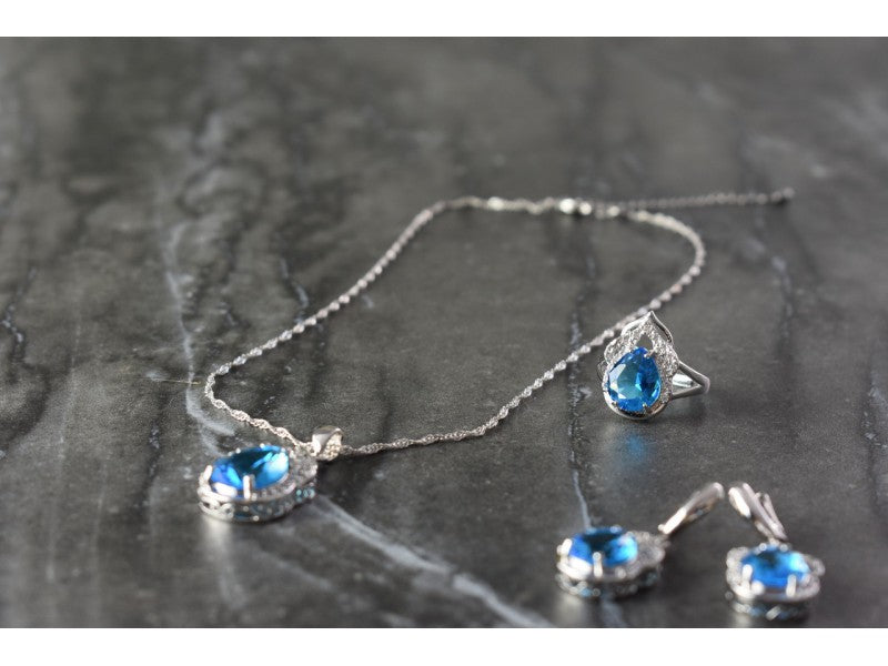 925 Sterling Silver Blue CZ ( Imitation Topaz ) SET