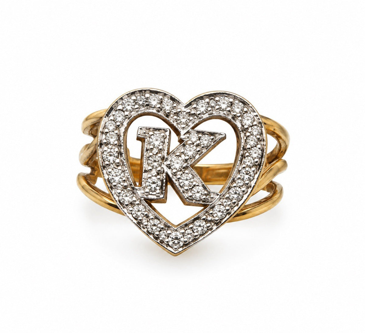 14K Yellow Gold And Diamond Letter ''K'' Heart Ring Size 8.25 Cocktail Estate