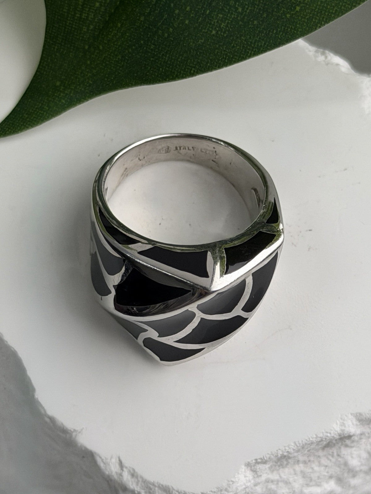 Italy Geometric Design 925 Sterling Silver Black Onyx Ring Size 10
