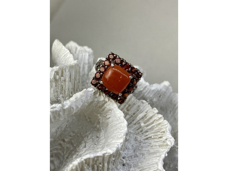 925 Sterling Silver Amber & Garnet Ring Size 8.5