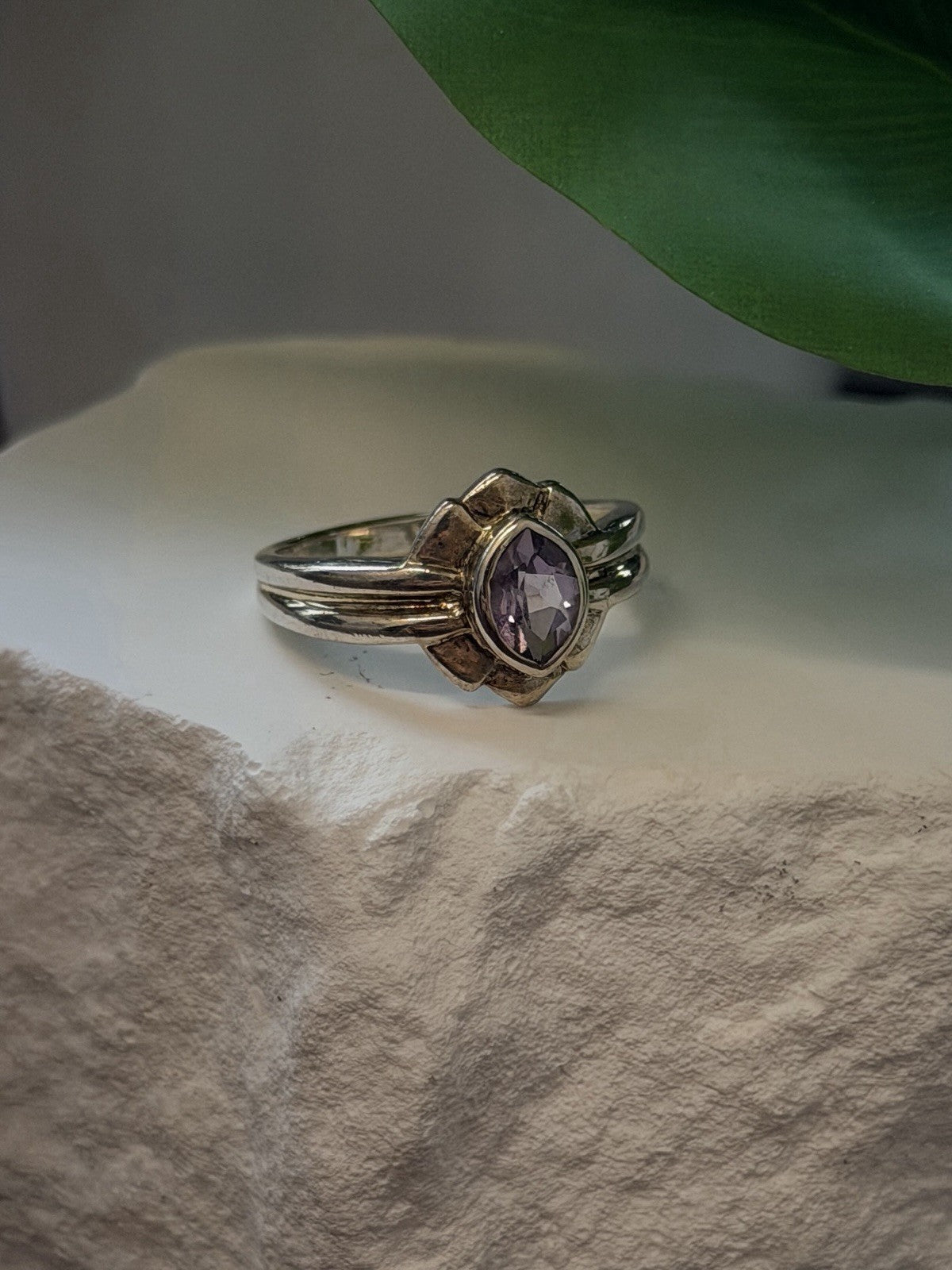 925 Sterling Silver Marquise Cut Art Deco Purple Amethyst Ring Size 8