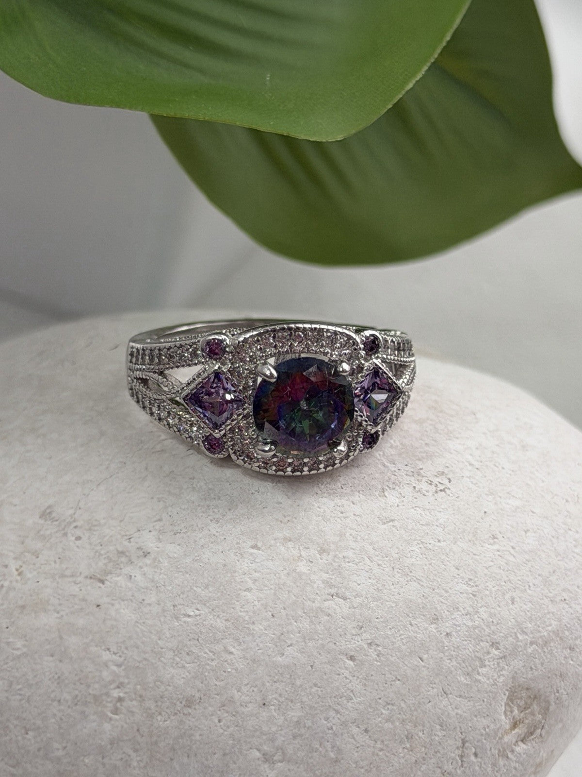 925 Sterling Silver Mystic Topaz & Amethyst & Beryl Ring Size 8