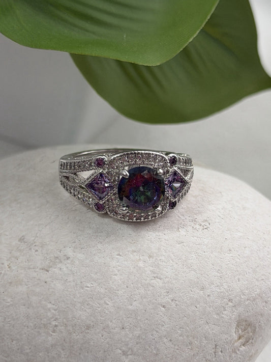 925 Sterling Silver Mystic Topaz & Amethyst & Beryl Ring Size 8