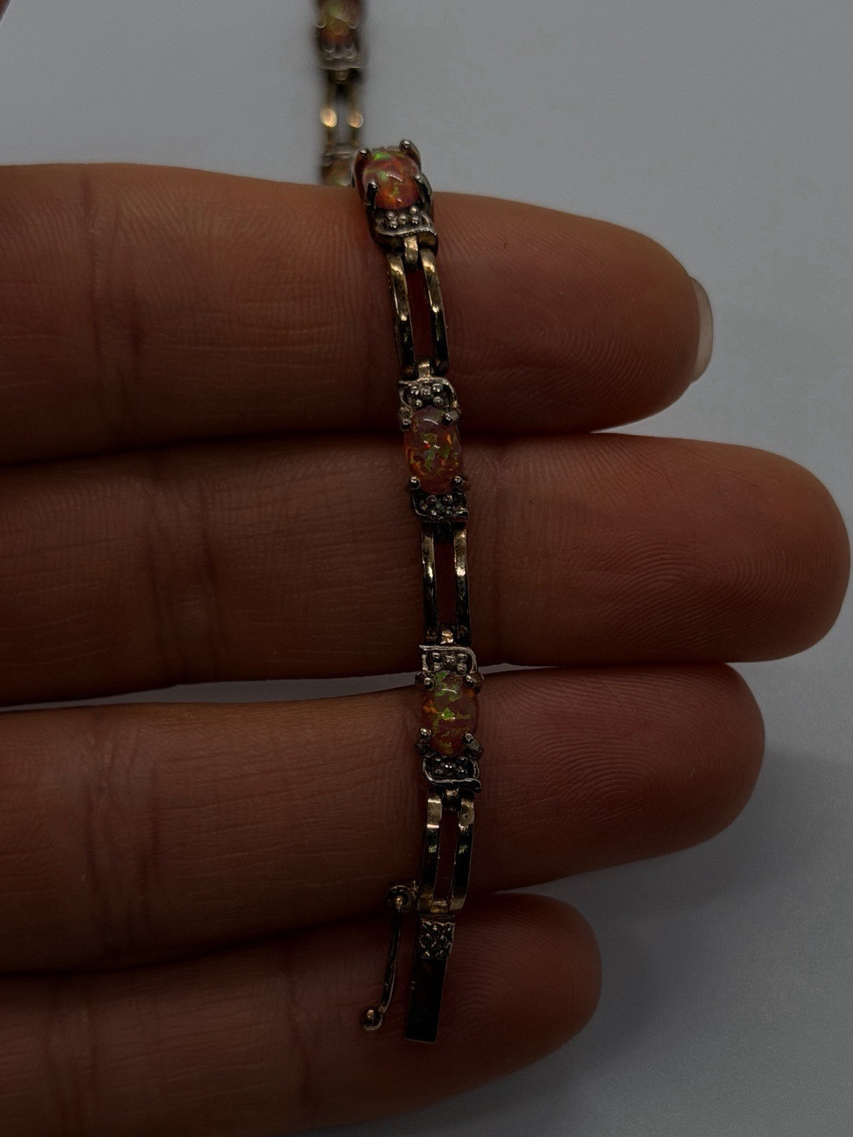 925 Sterling Silver Fire Opal & White Topaz Tennis Bracelet Size 7.5