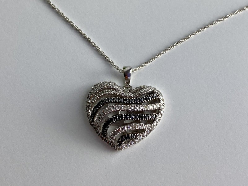 925 Sterling Silver White & Black CZ Heart Chain With Pendant