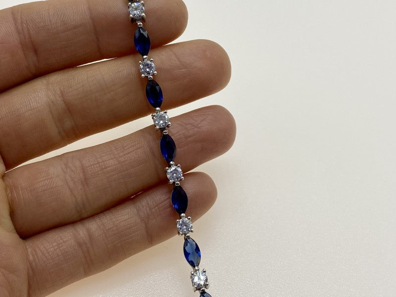 925 Sterling Silver Blue Spinel & CZ Bracelet Size 7.5 IN