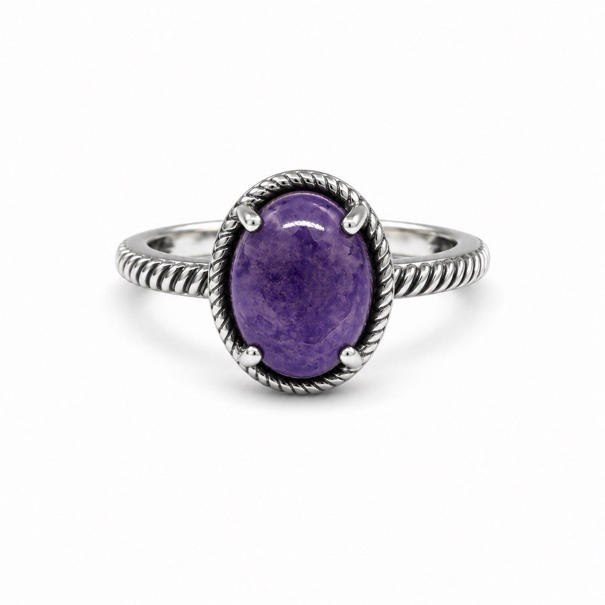 925 Sterling Silver Oval Purple Charoite Rope-Bezel Ring Size 7