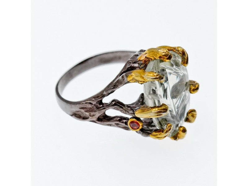 925 Blackened Silver With Gilding Green Amethyst & Heliodor Ring Size 9.75
