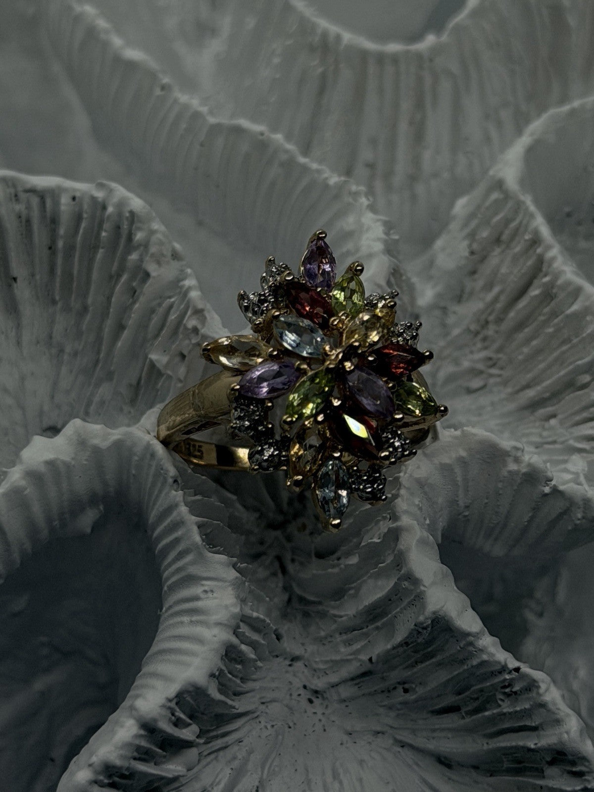 925 Sterling Silver Gold Plated Multi-Gemstone Floral Cluster Ring Size 8