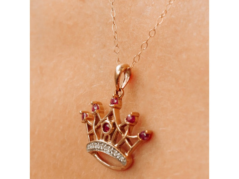 10K Yellow Gold Rubies & Diamonds Crown Chain With Pendant