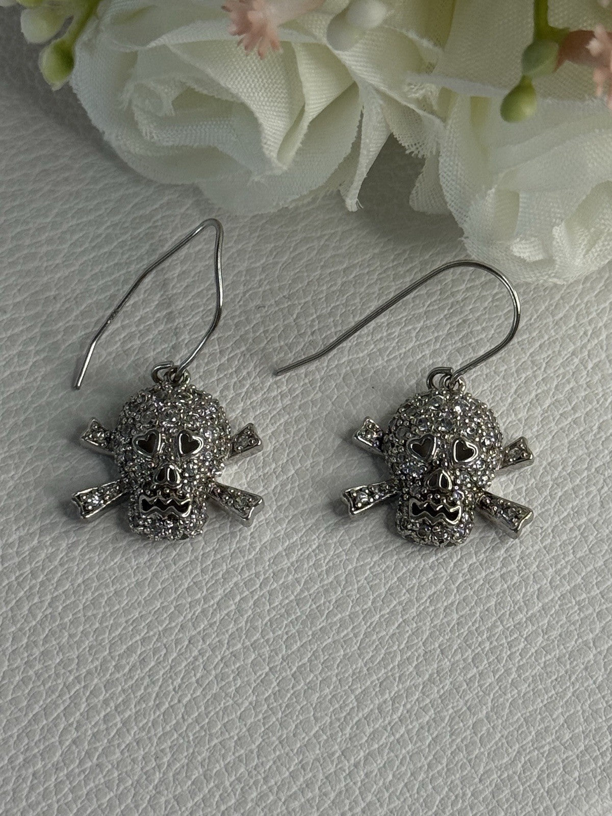 925 Sterling Silver Skull CZ Earrings Length 1.10 Inch