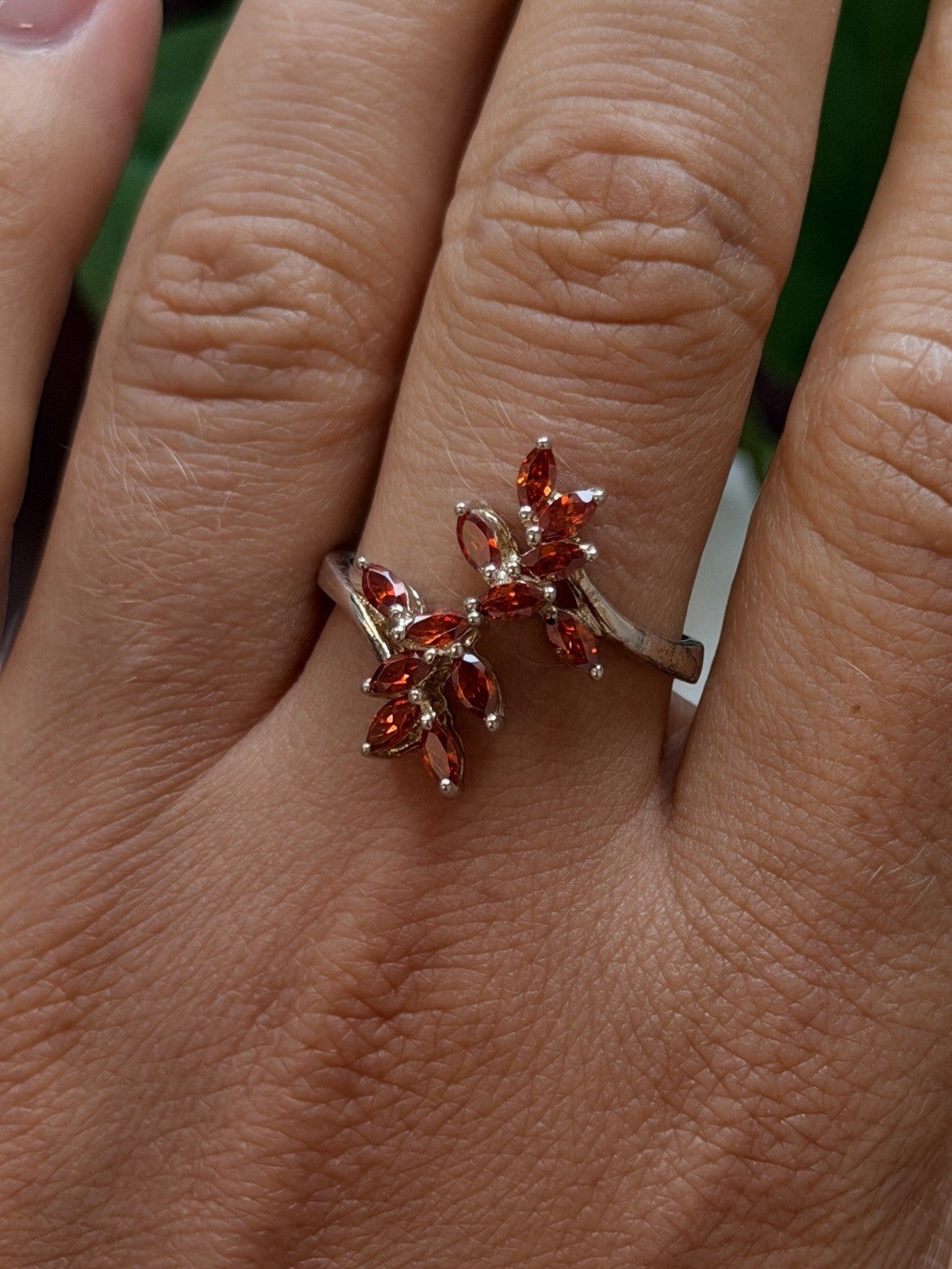 925 Sterling Silver garnet Flower Ring Adjustable