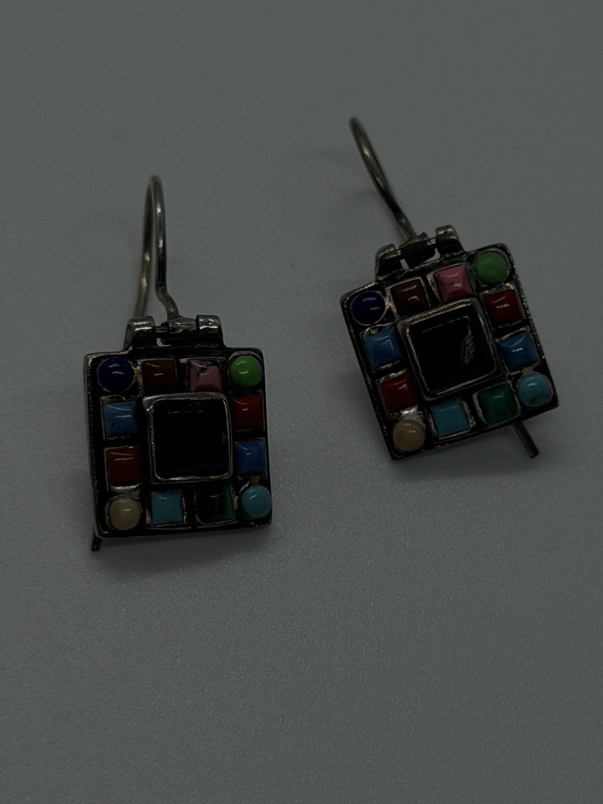 925 Sterling Silver Multi-Stone Mosaic Earrings Colorful Agate & Black Onyx