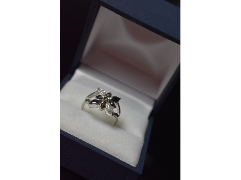 925 Sterling Silver Black Spinel & CZ Ring Size 5.5