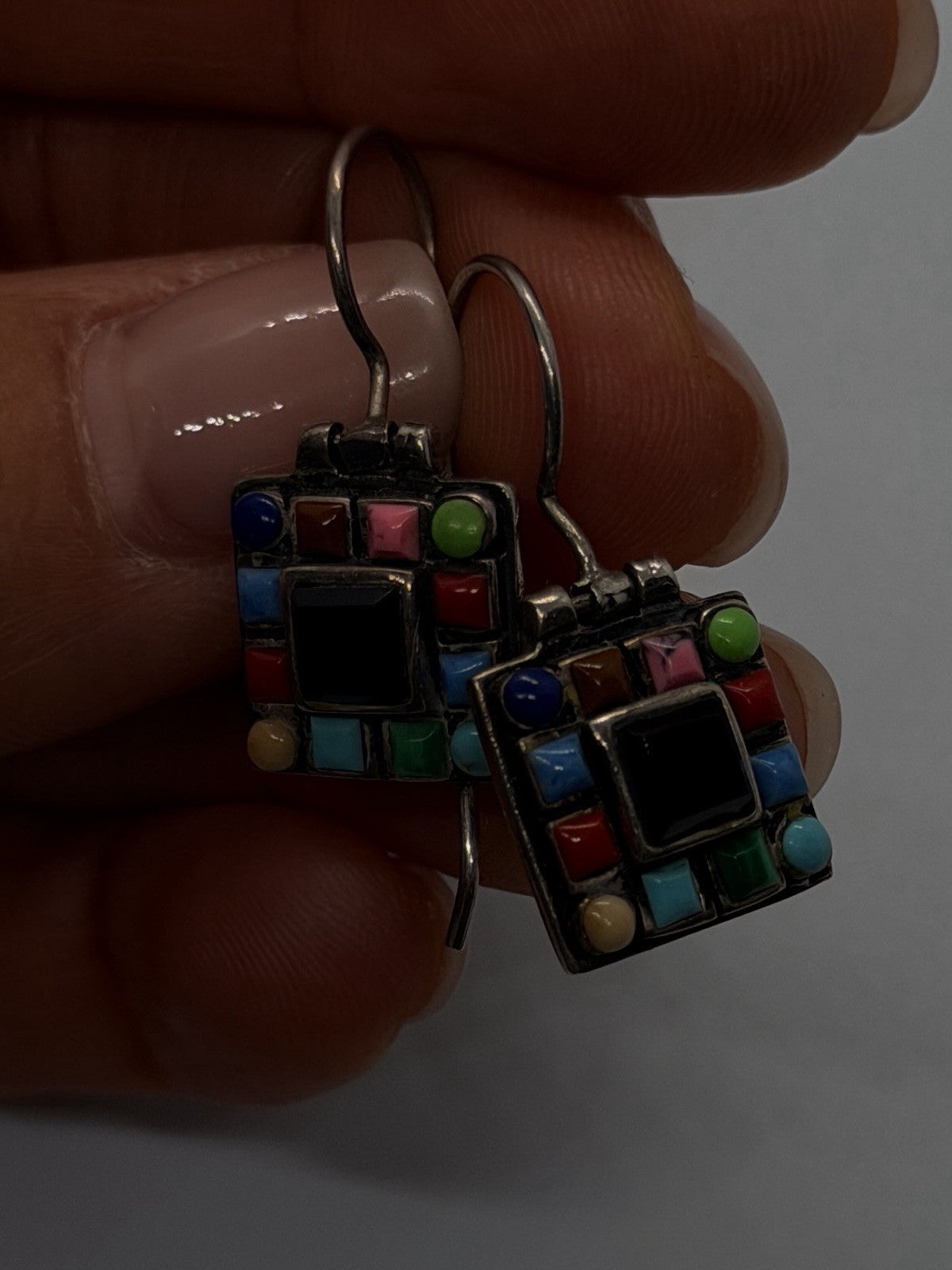 925 Sterling Silver Multi-Stone Mosaic Earrings Colorful Agate & Black Onyx