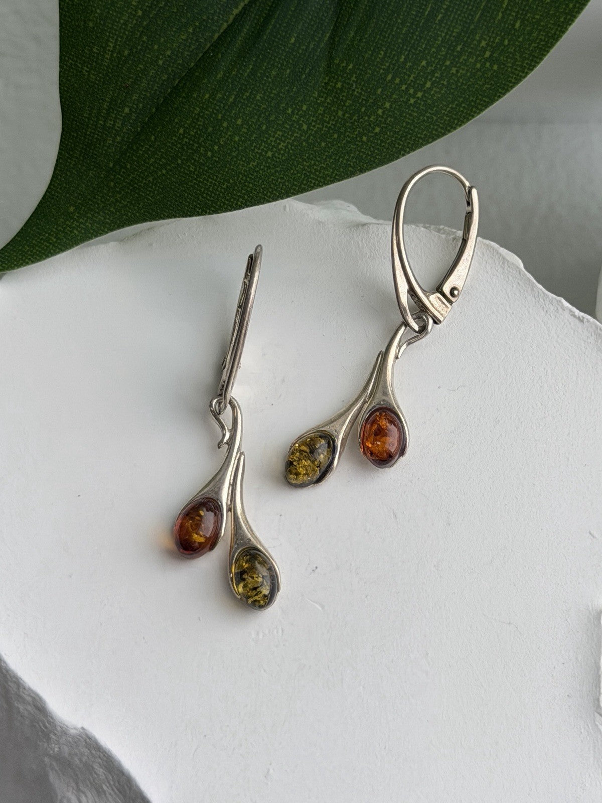 925 Sterling Silver Green & Orange Amber Earrings