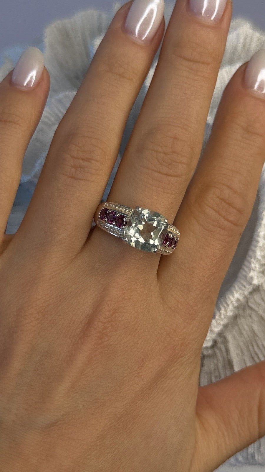 925 Sterling Silver Cushion-Cut Aquamarine & Pink Tourmaline Ring Size 9