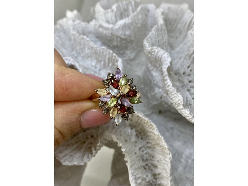 925 Sterling Silver Gold Plated Multi Gemstones "Flower" Ring Size 8