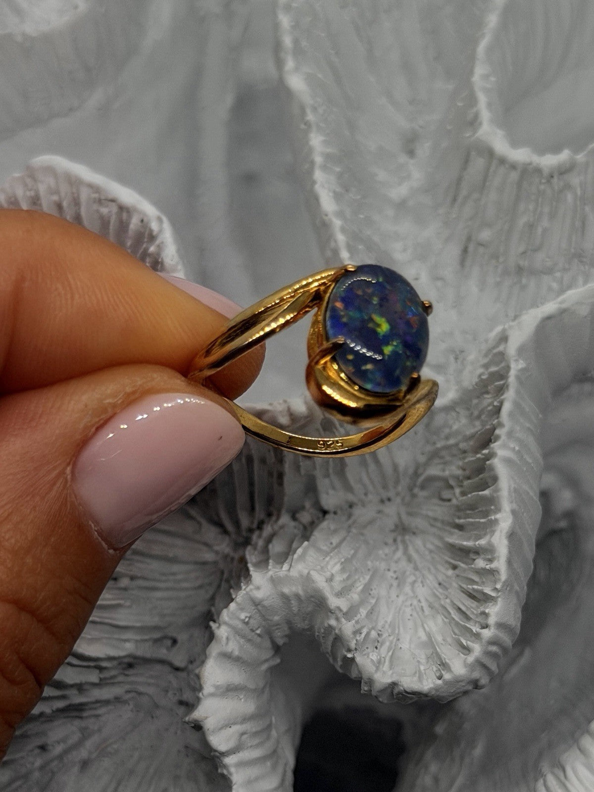 925 Sterling Silver Gold Plated Blue Opal Oval Ring Size 6