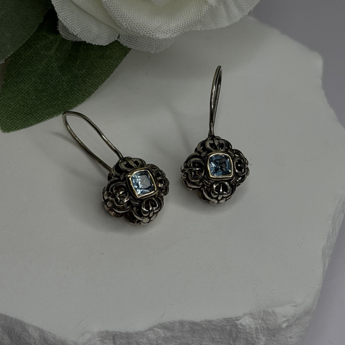 Vintage Filigree 925 Sterling Silver Blue Topaz Dangle Earrings