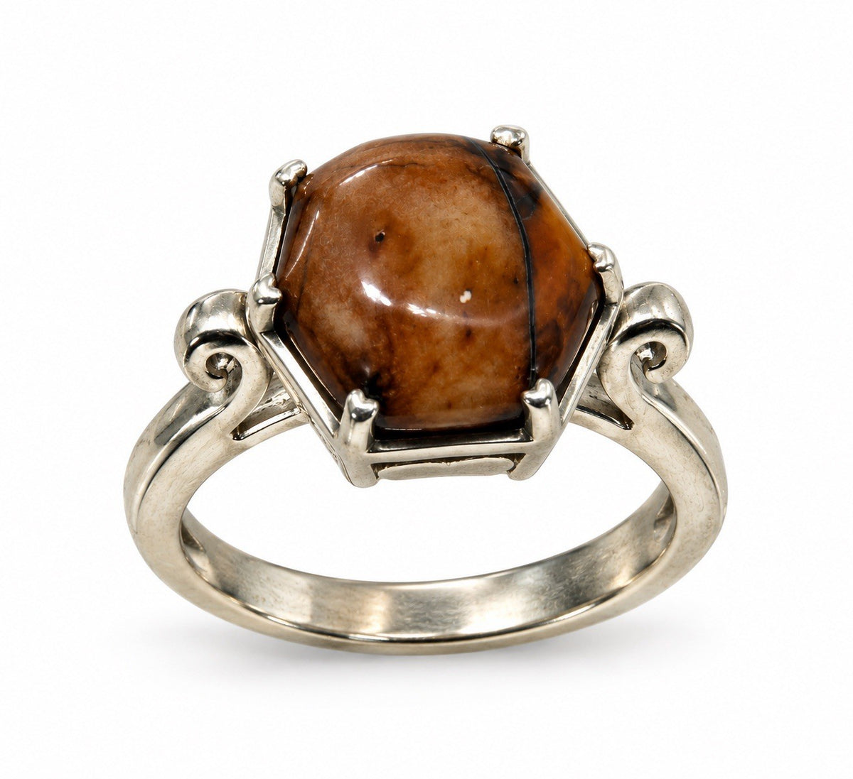 Scrollwork Design Vintage 925 Sterling Silver Brown Agate Ring Size 9