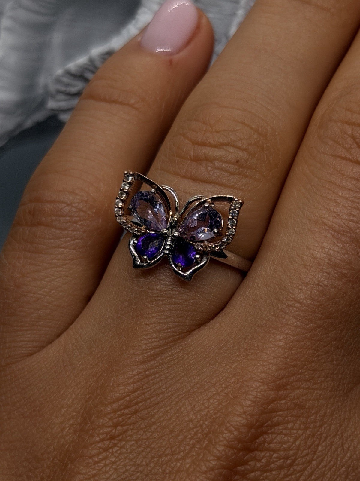 Butterfly 925 Sterling Silver 10K Rose Gold Amethyst  Iolite  Beryl Ring Size 7