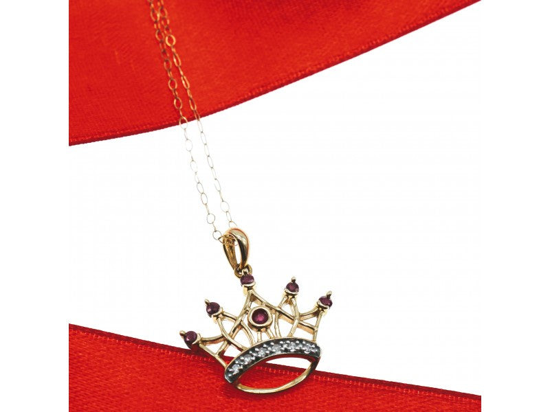 10K Yellow Gold Rubies & Diamonds Crown Chain With Pendant