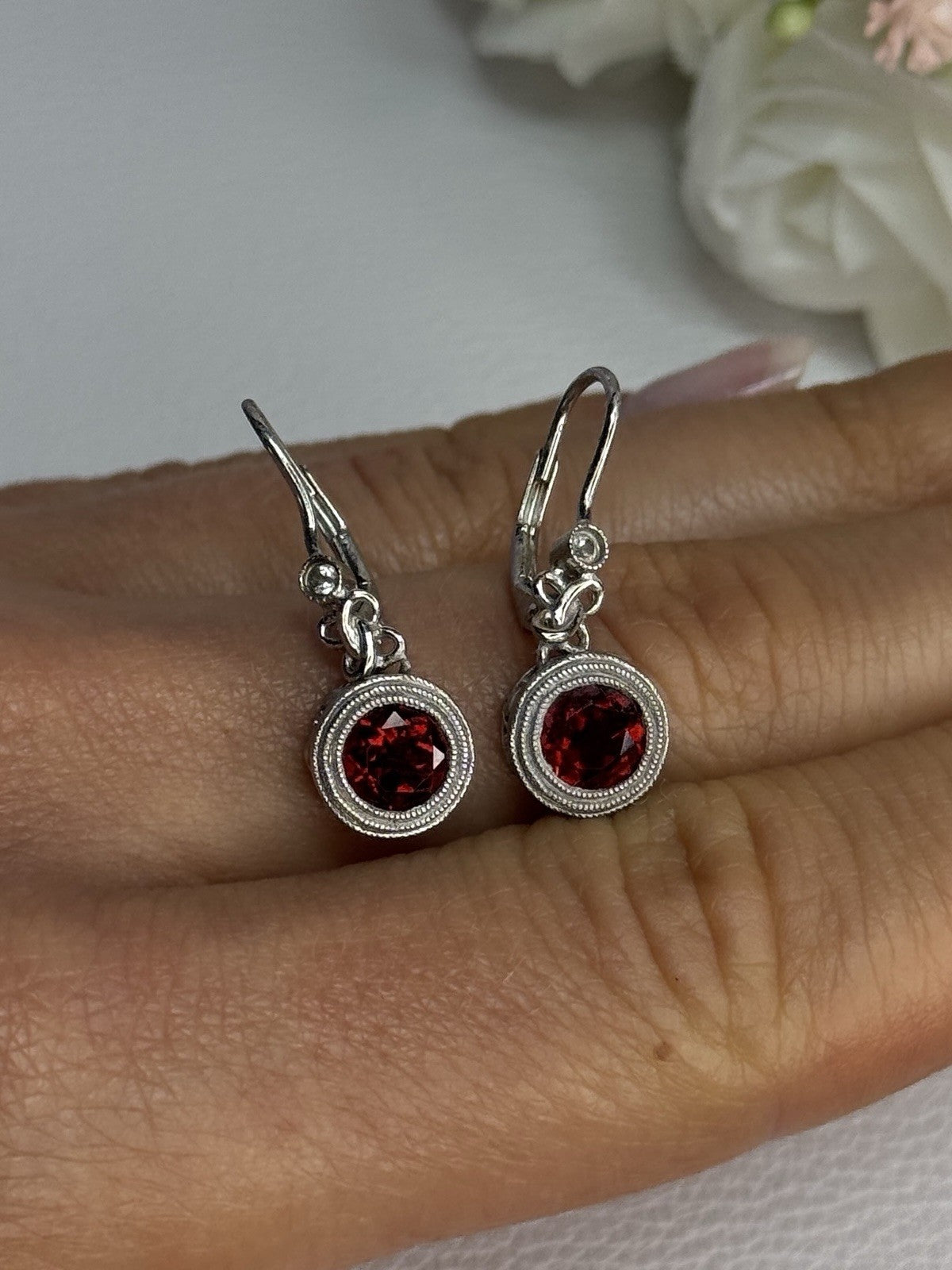 925 Sterling Silver Garnet Earrings Length 1.10 Inch