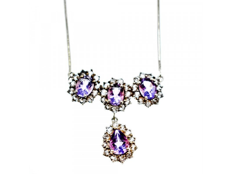 925 Sterling Silver Purple Tourmaline & Colorless Spinel Necklace Italy