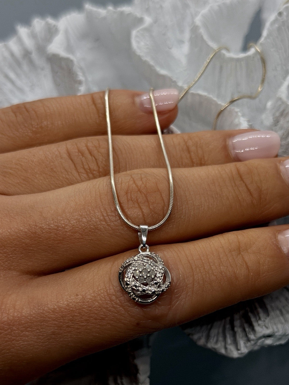Floral Rose Design 925 Sterling Silver Diamond Cluster Swirl Necklace
