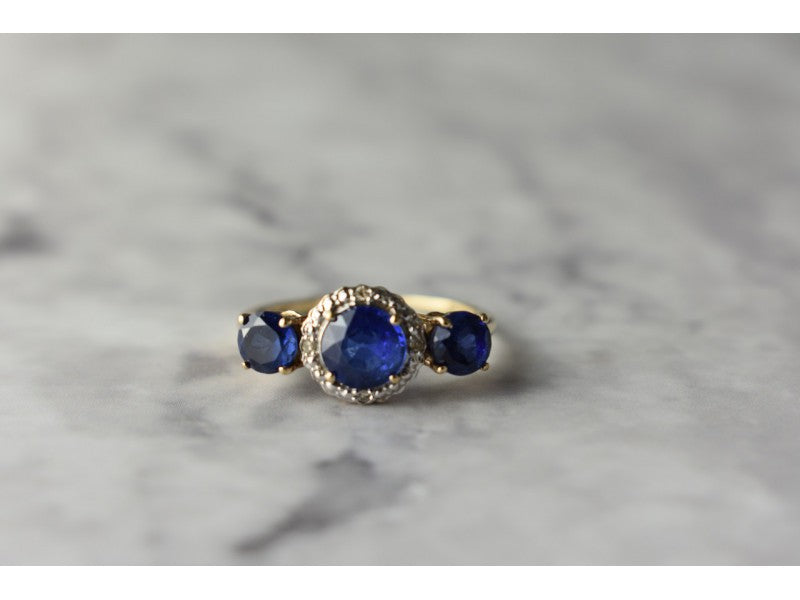 10K Yellow Gold London Blue Topaz & Diamonds Ring Size 6.5