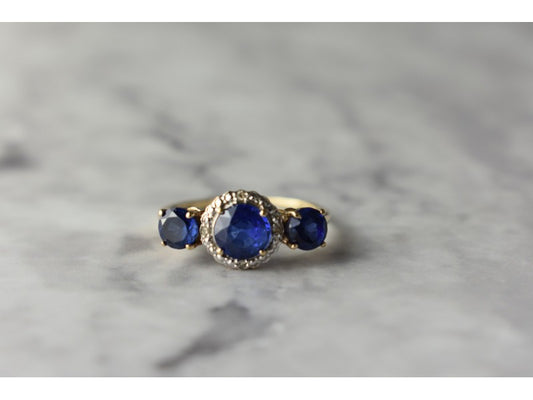 10K Yellow Gold London Blue Topaz & Diamonds Ring Size 6.5