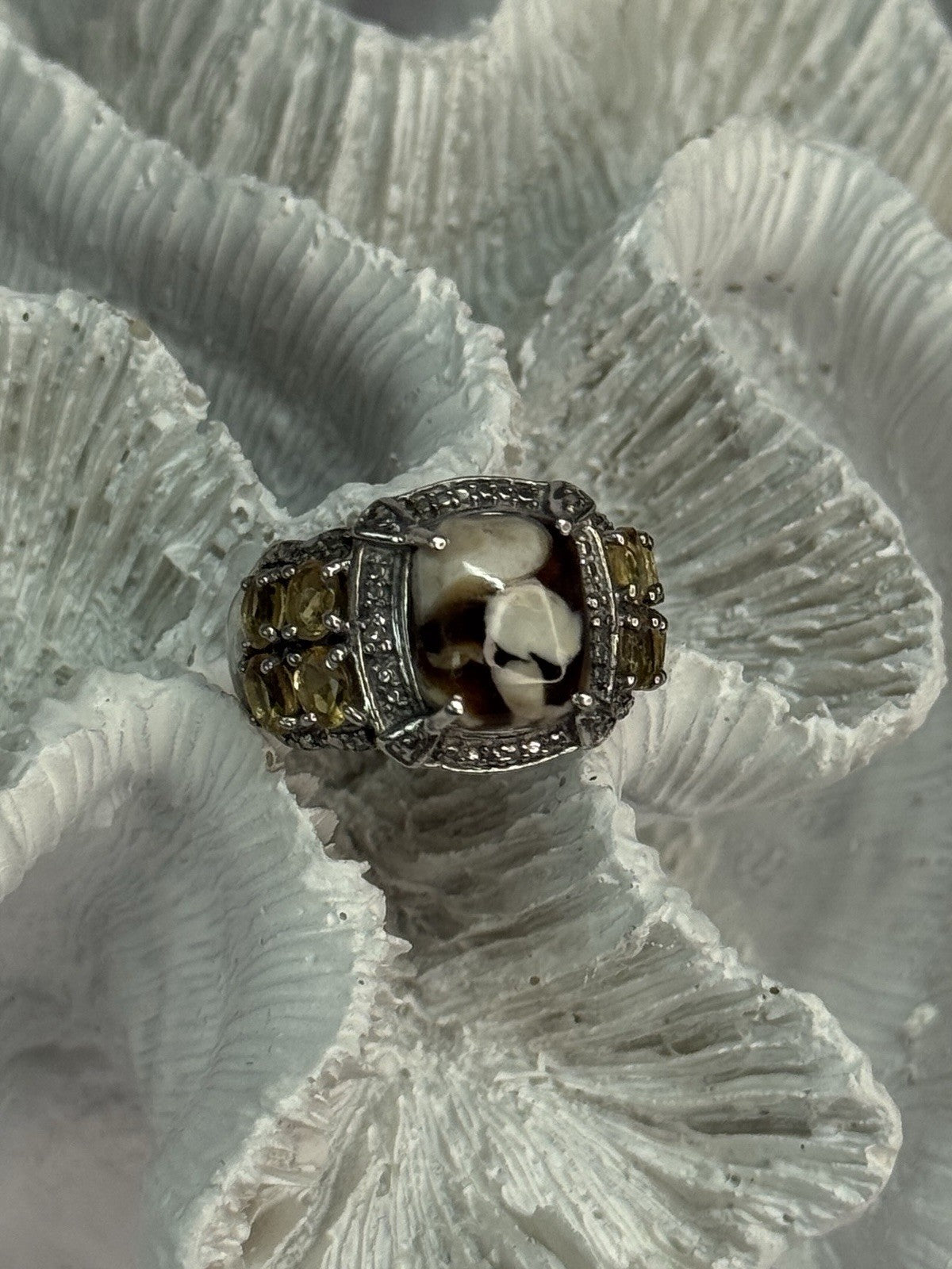 925 Sterling Silver Agate Citrine & Beryl Ring Size 6