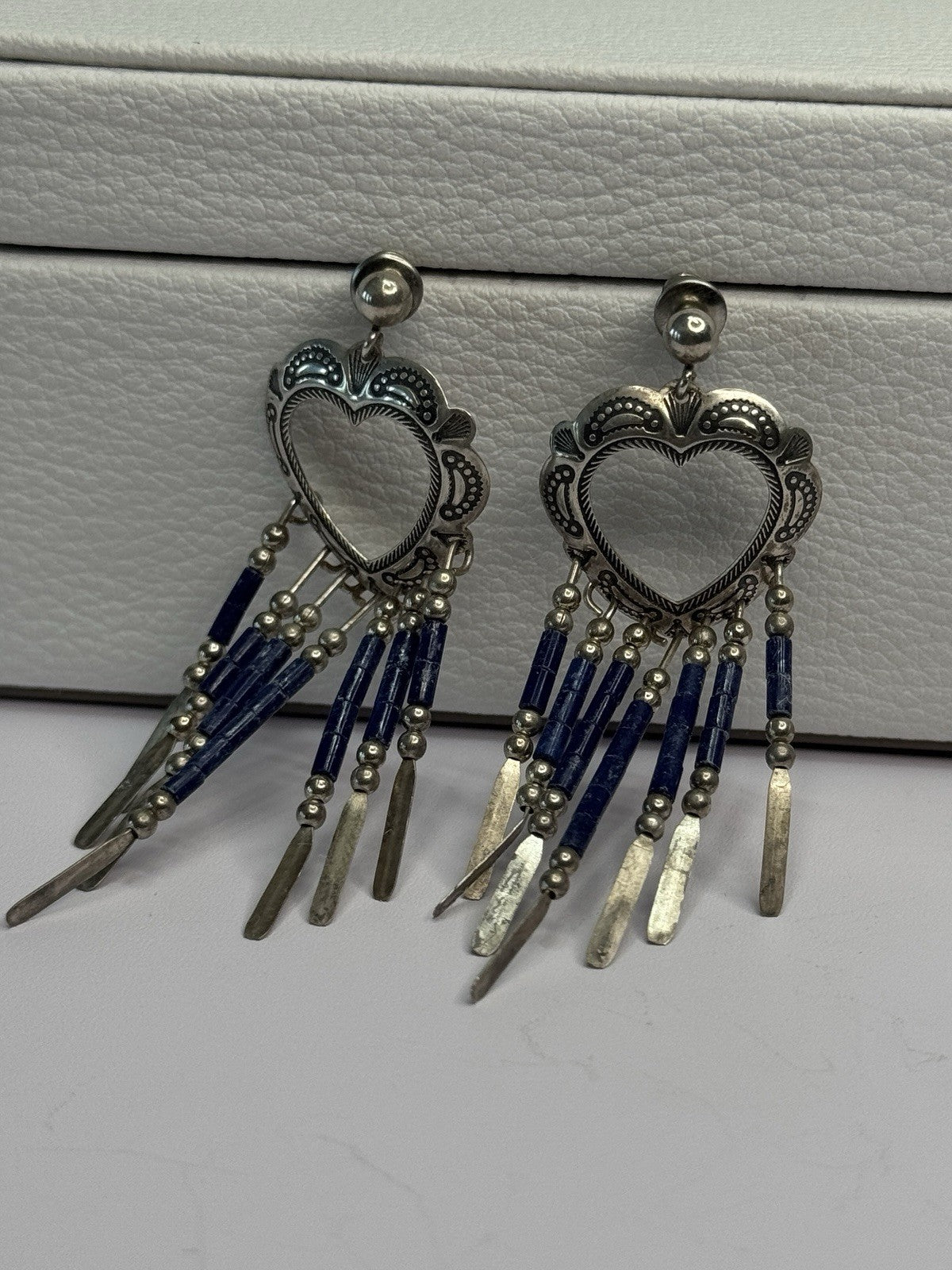 Vintage Native American 925 Sterling Silver Lapis Earrings Length 2.50 Inch