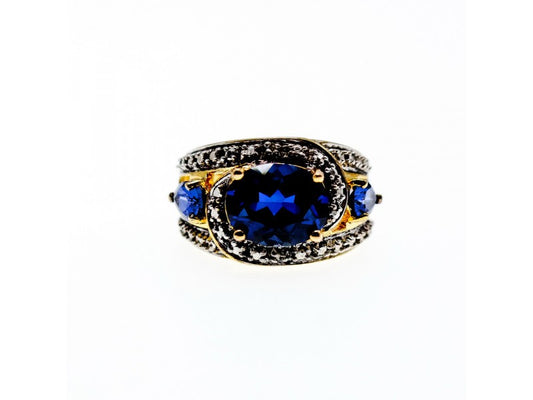 925 Sterling Silver Gold Plated Sapphires Ring Size 5.5