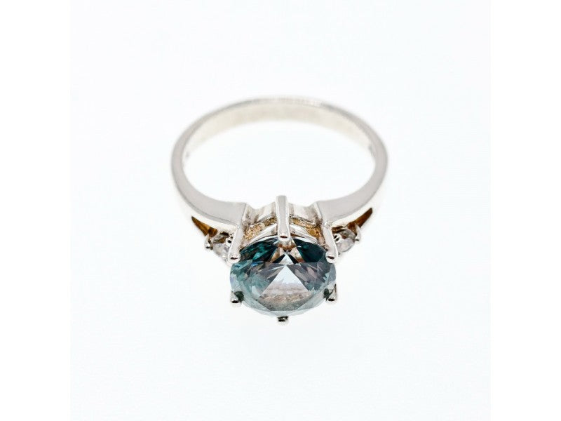 925 Sterling Silver Aquamarine & CZ Ring Size 7