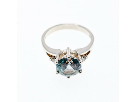 925 Sterling Silver Aquamarine & CZ Ring Size 7